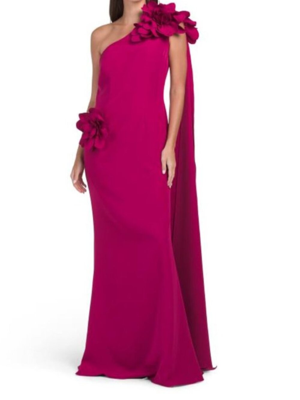 RENE BY RENE RUIZ One Shoulder 3d Floral Gown With Cape